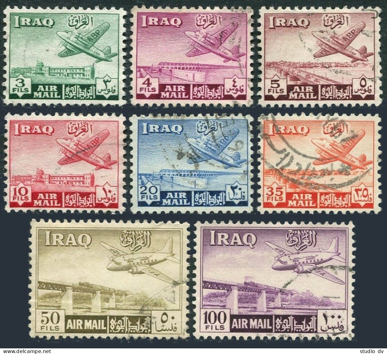 Iraq C1-C8, Used. Michel 149-156. Airport, Railway Bridge, Planes, 1949. - Irak