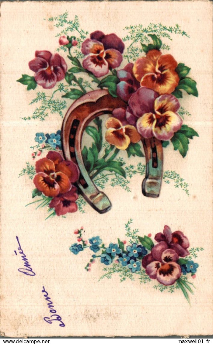 O8 - Carte Postale Fantaisie - Fleurs - Pensées - Fer à Cheval - Blumen