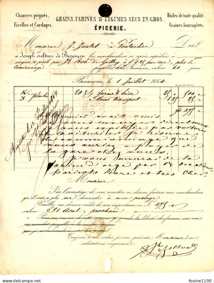 Courrier Facture An 1864 épicerie ZELTNER  à BESANCON 25 Doubs Pour JANTET à PONTARLIER 39 JURA - Sonstige & Ohne Zuordnung