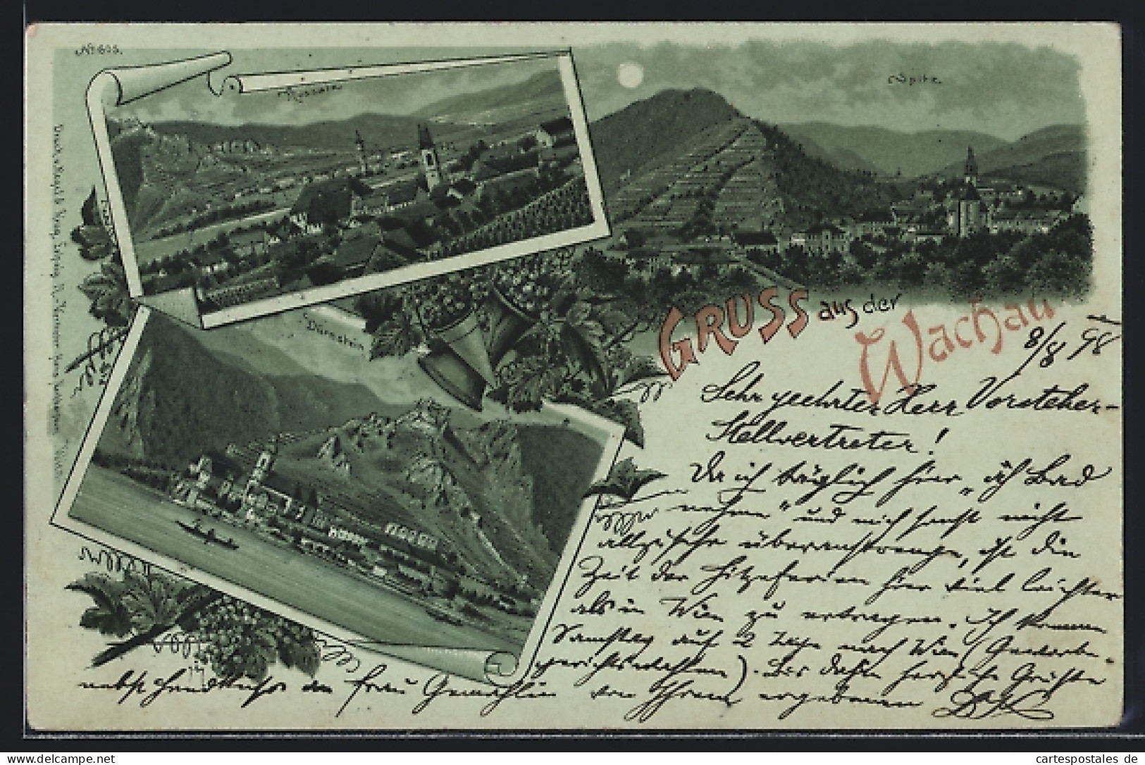 Mondschein-Lithographie Dürnstein /Wachau, Ortsansicht Mit Gebirgsblick, Ortsansichten Rossatz Und Spitz  - Other & Unclassified