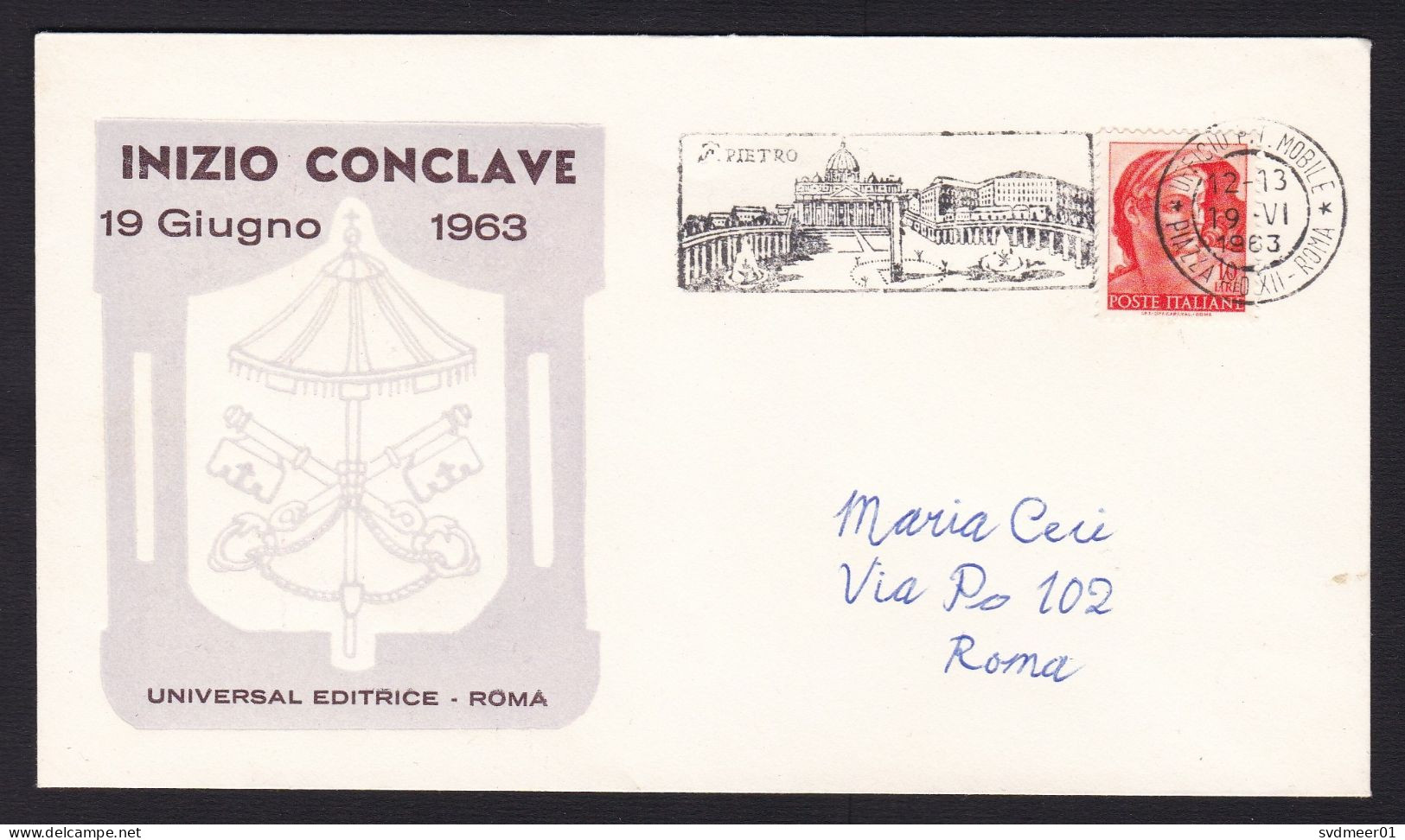 Italy: Cover, 1963, 1 Stamp, Lady, Cancel Mobile Post Office, St Peter Square, Vatican, Architecture (very Small Stain) - Autres & Non Classés