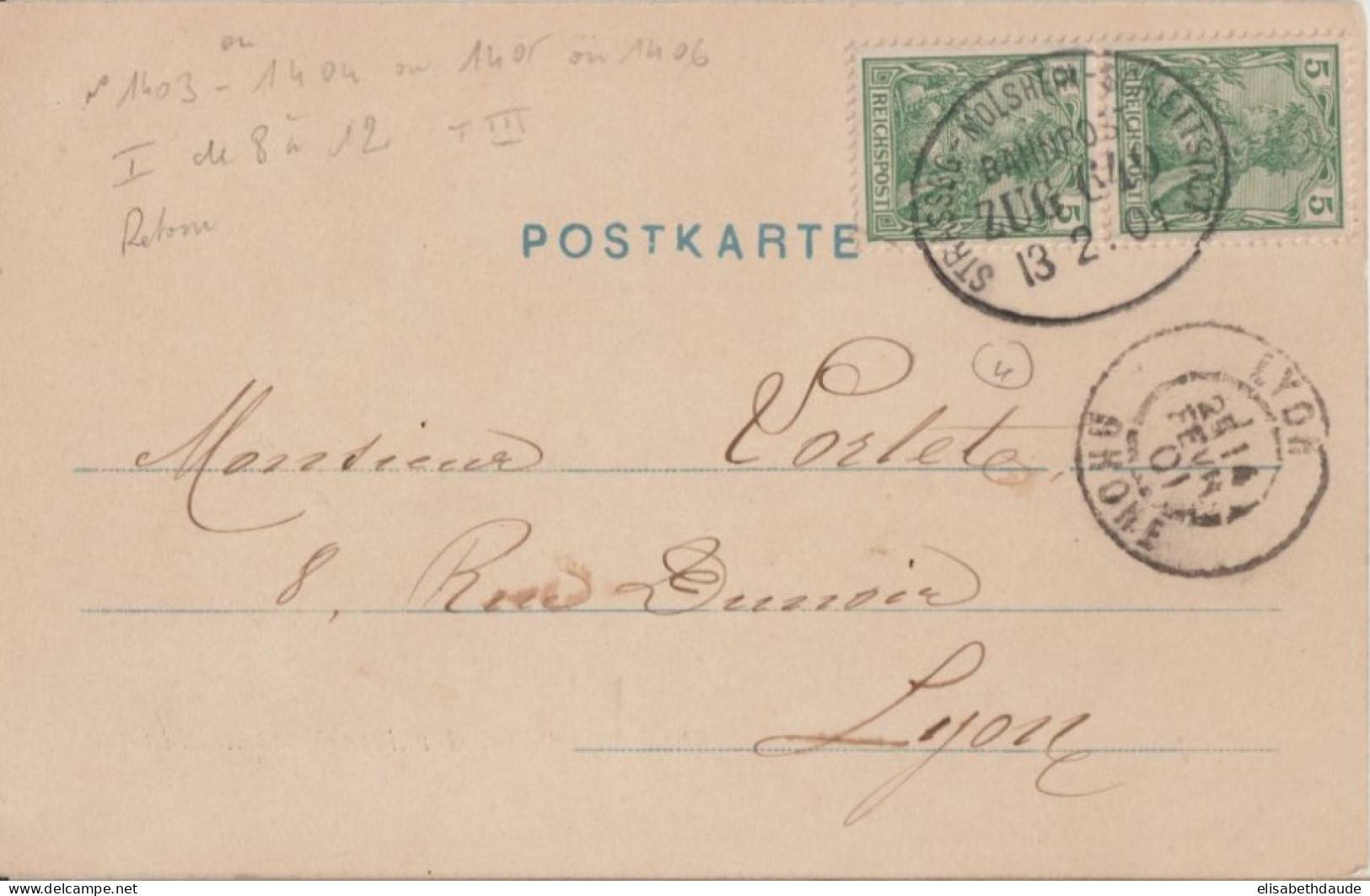 1901 - ALSACE - CACHET CONVOYEUR BAHNPOST STRASSBURG MOLSHEIM SCHLETTSTADT (IND 7) ZUG 649 - CP => LYON - Covers & Documents