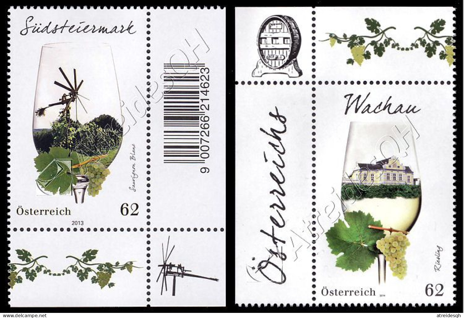 [Q] Austria 2013-2014: 2 Val. Regioni Vinicole / Wine Regions, 2 Stamps ** - Vins & Alcools