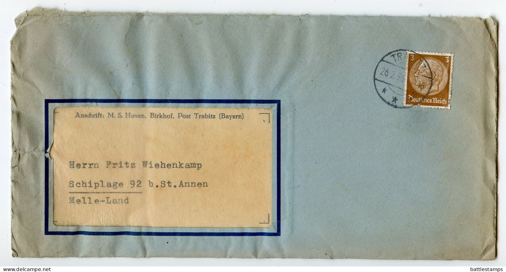 Germany 1936 Cover /w Letter & Advert; Trabitz - M.S. Hoven, Gutsbesitz, Mühlen-u. Sägewerk To Schiplage; 3pf Hindenburg - Storia Postale