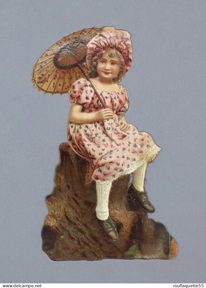 Ancien Chromo Polychrome Découpis, "jeune Fille à L'ombrelle", Vers 1900 - Kinder