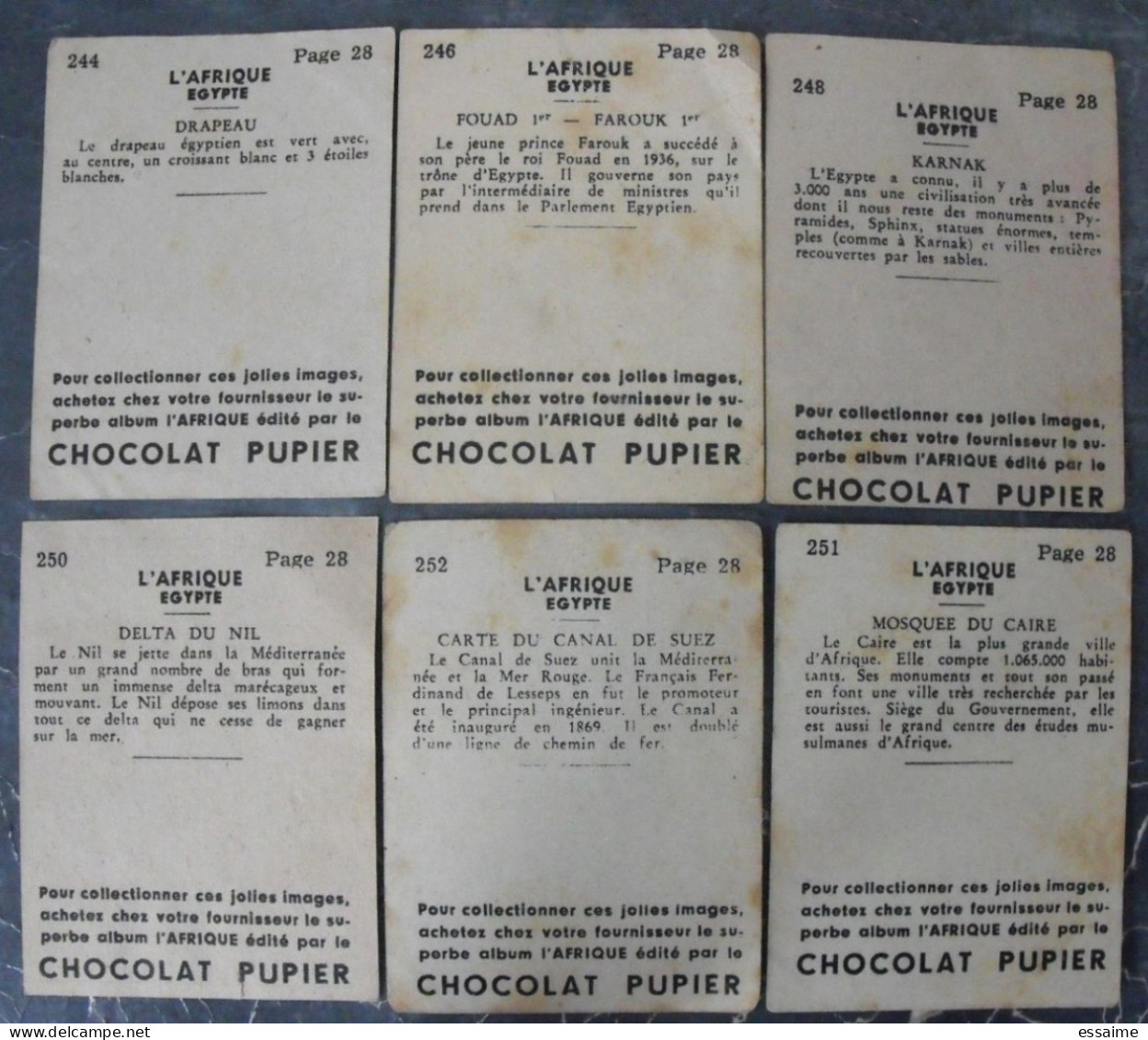 Lot 6 Images Chocolat Pupier. Album Afrique 1950. Egypte Farouk Fouad Le Caire Karnak Sphinx Nil Suez - Other & Unclassified