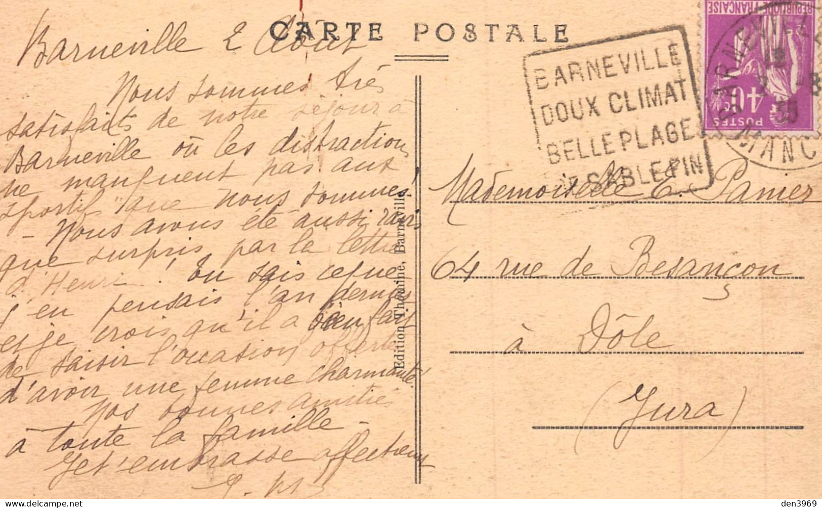 BARNEVILLE (Manche) - Vue Générale De La Plage - Voyagé 1935 (2 Scans) Panier, 64 Rue De Besançon à Dole Jura - Barneville