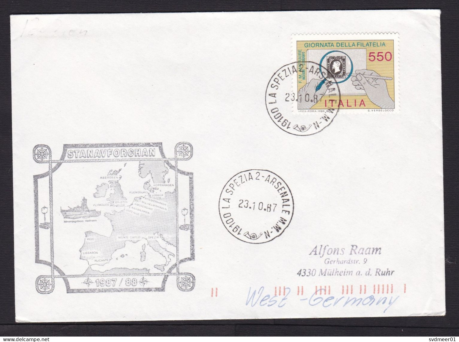 Italy: Cover To Germany, 1987, 1 Stamp, Philately, Cancel Stanavforchan, NATO, Military, Ship (minor Damage) - Sonstige & Ohne Zuordnung