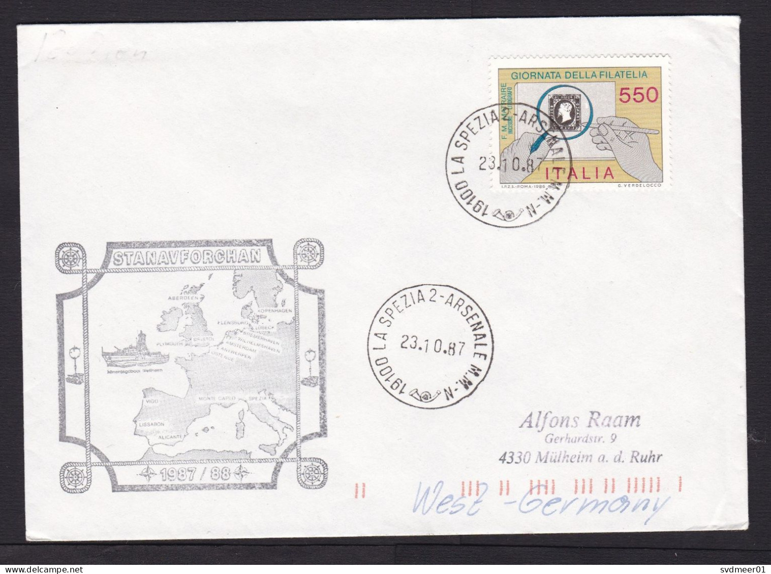 Italy: Cover To Germany, 1987, 1 Stamp, Philately, Cancel Stanavforchan, NATO, Military, Ship (minor Damage) - Other & Unclassified