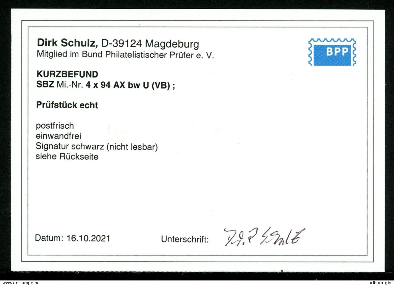 SBZ Thüringen 4er Block 94 AX Bw U Postfrisch Kurzbefund Schulze #JO891 - Other & Unclassified