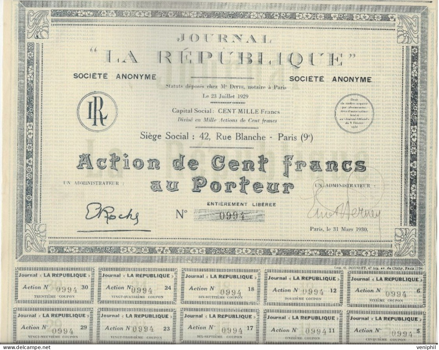 JOURNAL "LA REPUBLIQUE " ACTION DE CENT FRANCS PARIS - ANNEE 1930 - Other & Unclassified