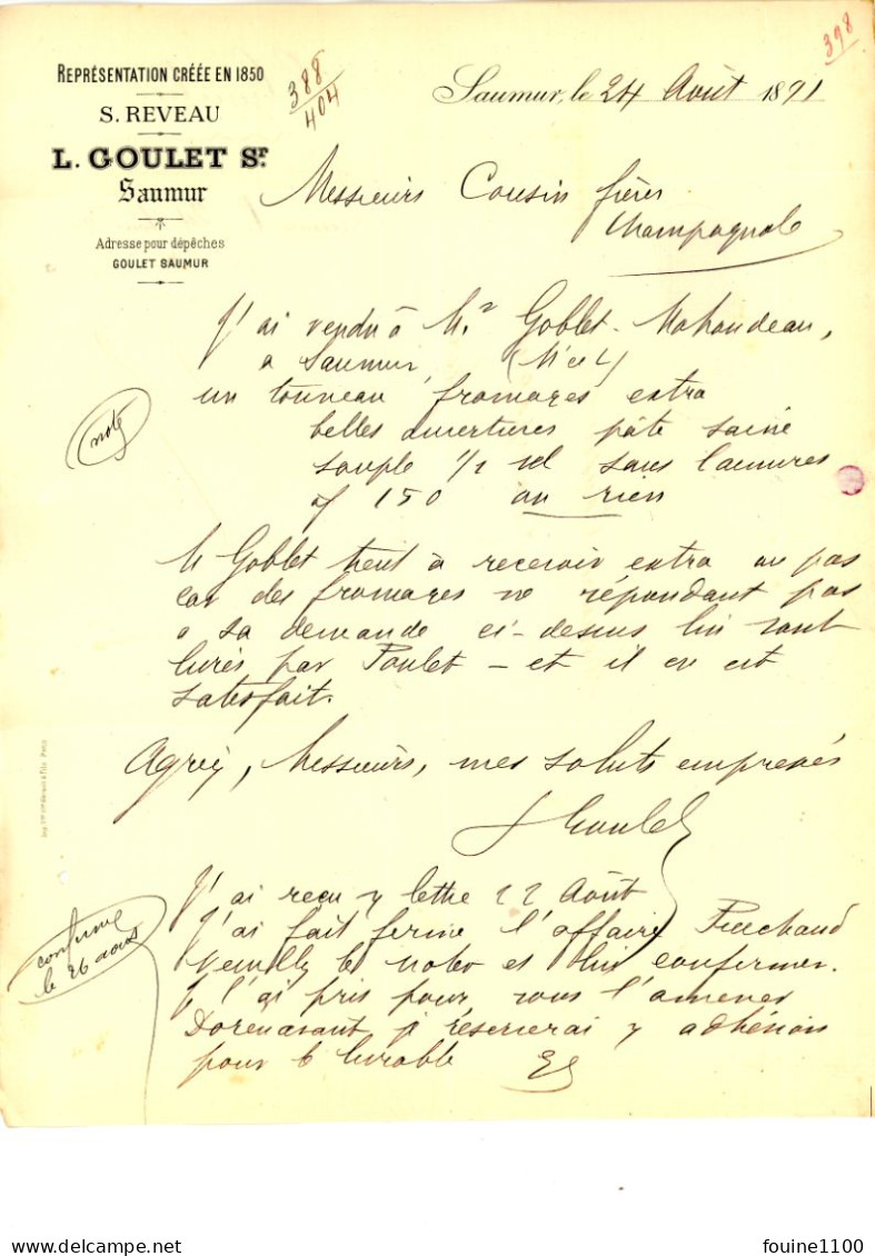 Courrier Facture An 1891 REVEAU / GOULET à SAUMUR 49 Pour Cousin à CHAMPAGNOLE 39 JURA - 1876-1898 Sage (Type II)