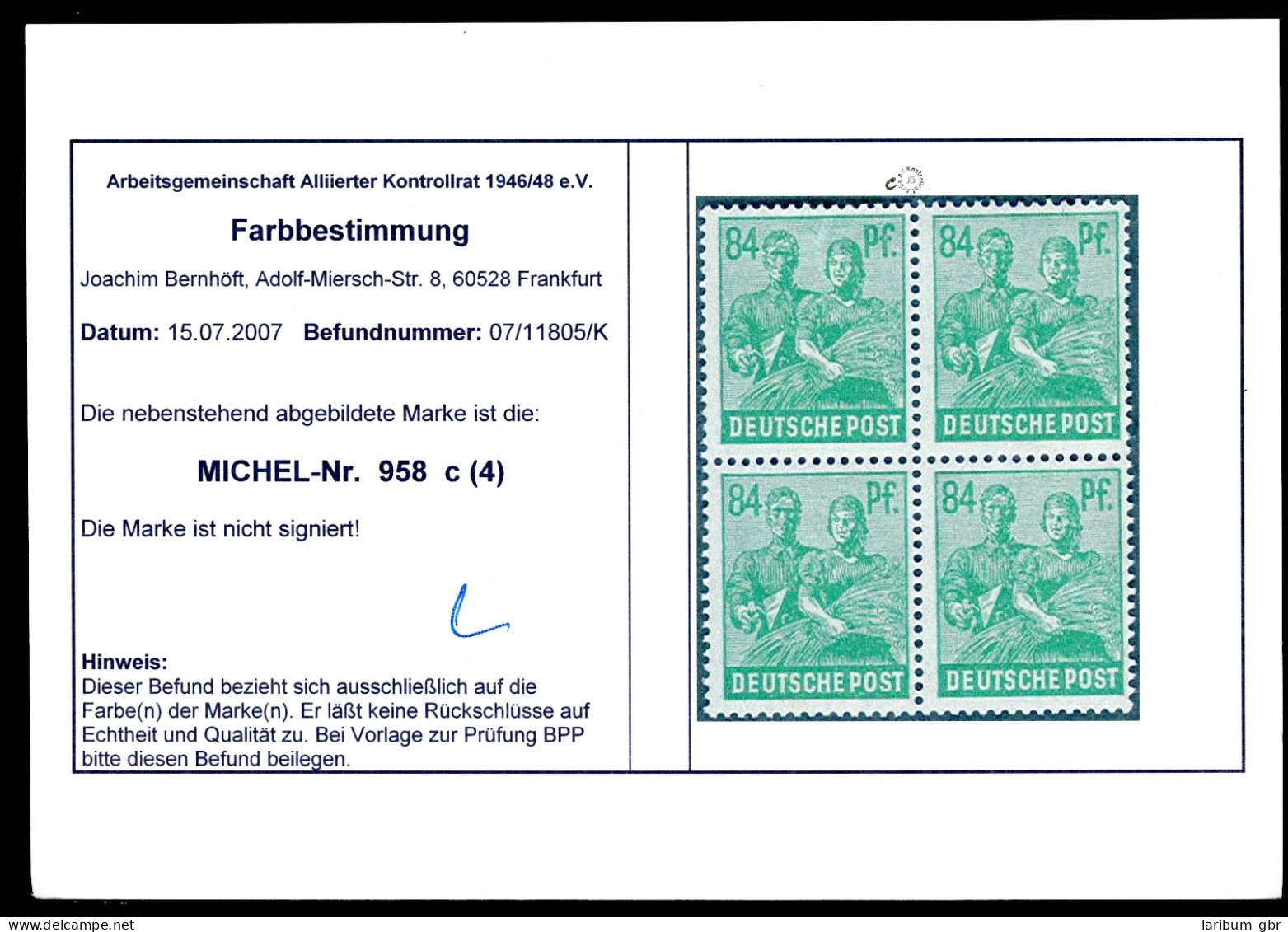 Alliierte Besetzung 4er Block 958 C Postfrisch Gepr. ARGE #HO772 - Other & Unclassified