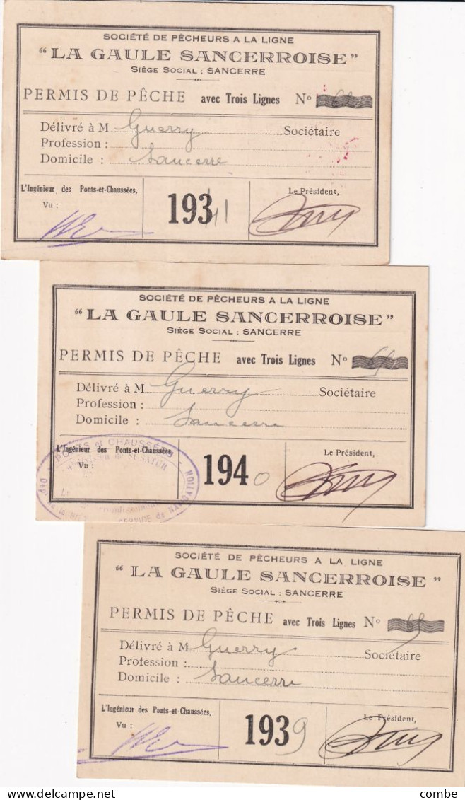 3 PERMIS DE PECHER, SANCERRE 1939, 1940,1941. DONT UNE AVEC UN CACHE ALLEMAND - Historical Documents