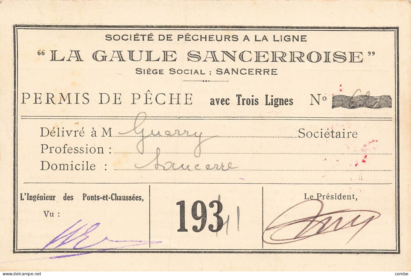 3 PERMIS DE PECHER, SANCERRE 1939, 1940,1941. DONT UNE AVEC UN CACHE ALLEMAND - Documents Historiques