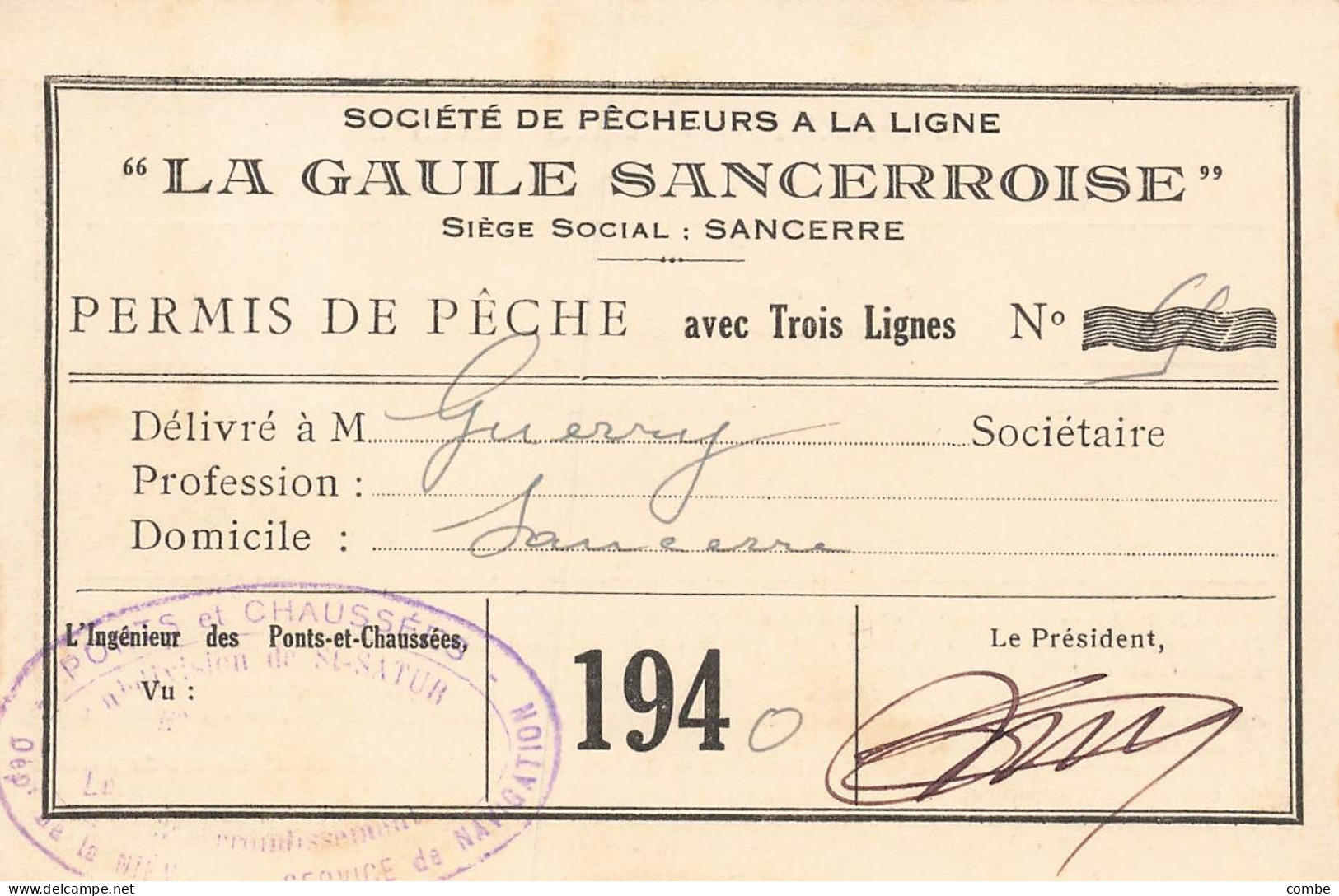 3 PERMIS DE PECHER, SANCERRE 1939, 1940,1941. DONT UNE AVEC UN CACHE ALLEMAND - Historical Documents