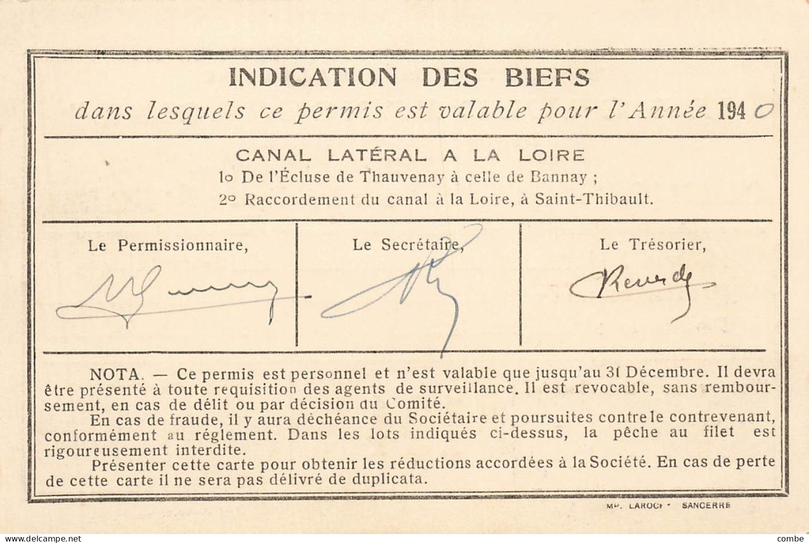 3 PERMIS DE PECHER, SANCERRE 1939, 1940,1941. DONT UNE AVEC UN CACHE ALLEMAND - Historical Documents