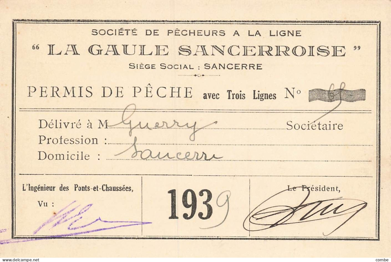 3 PERMIS DE PECHER, SANCERRE 1939, 1940,1941. DONT UNE AVEC UN CACHE ALLEMAND