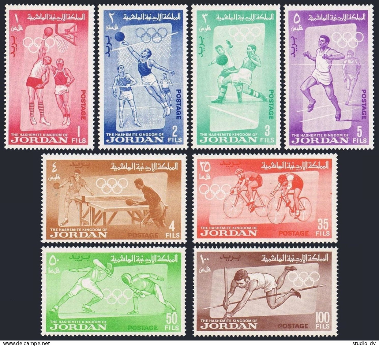 Jordan 446-453,hinged.Mi 437-444. Olympics Tokyo-1964. Basketball,Soccer,Fencing - Jordanie