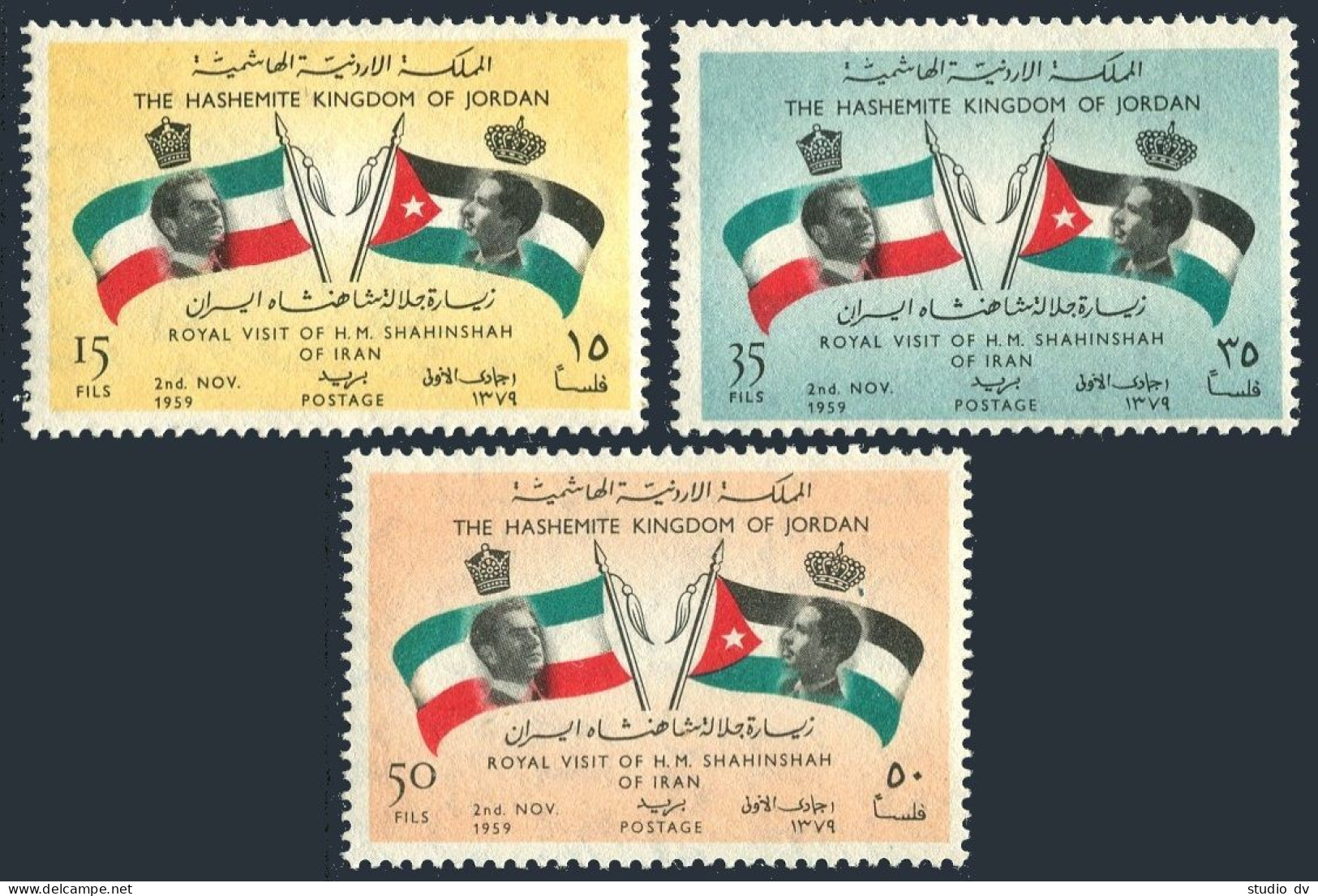 Jordan 371-373, Hinged. Michel 361-363. Visit Of Mohammed Riza Pahlavi, 1960. - Jordan