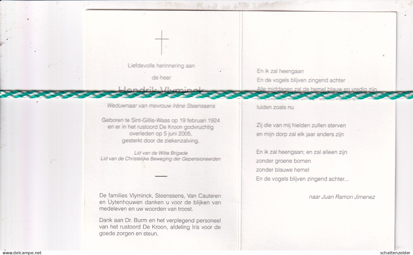 Hendrik Vlyminck-Steenssens, Sint-Gillis-Waas 1924, 2005. Foto - Obituary Notices