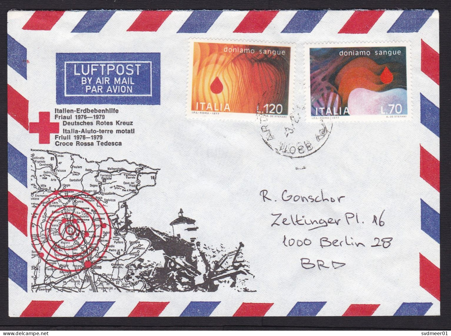 Italy: Airmail Cover To Germany, 2 Stamps, Blood Donation, From German Red Cross, Earthquake Aid (traces Of Use) - Sonstige & Ohne Zuordnung