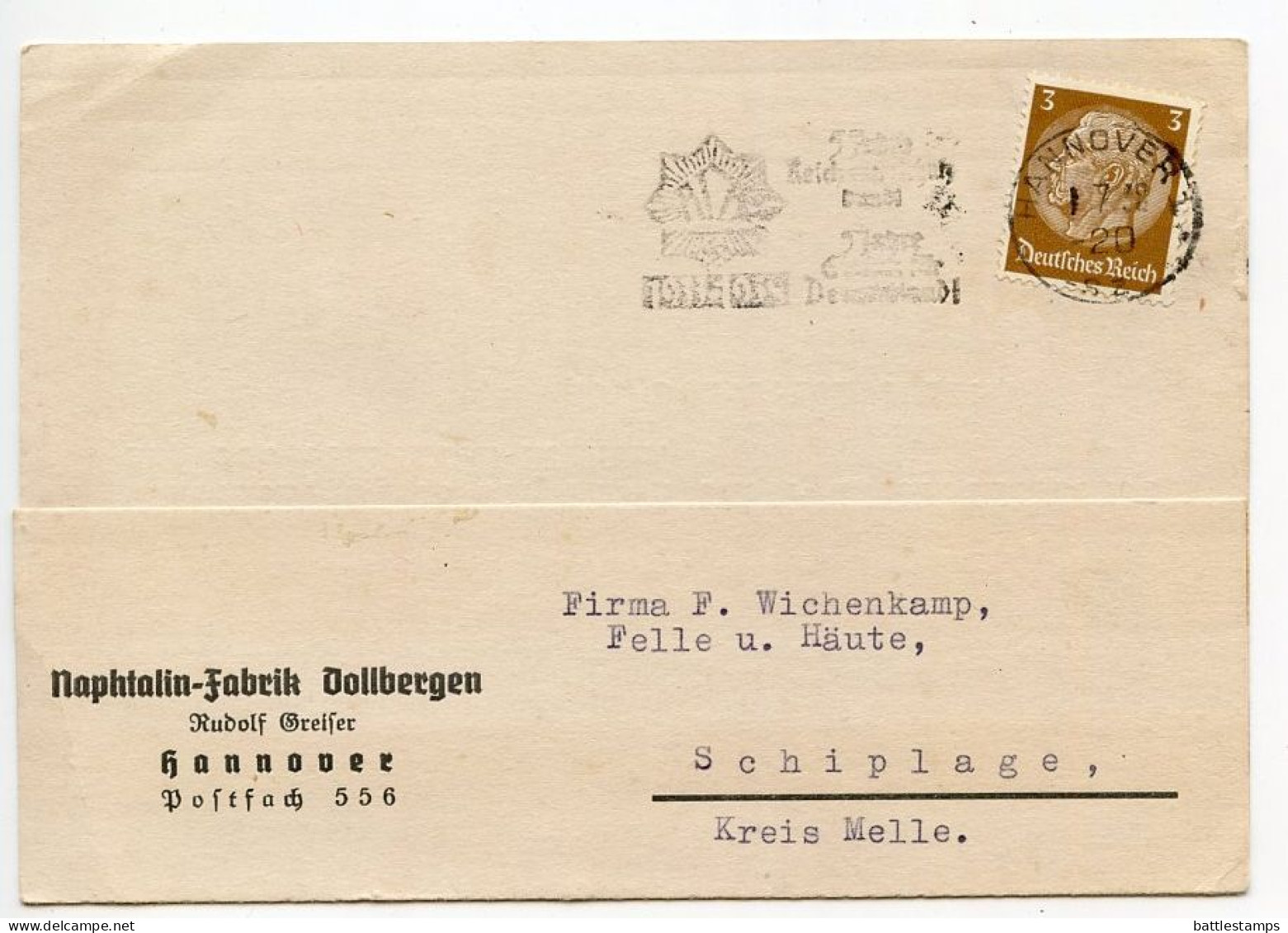 Germany 1938 Postcard; Hannover - Rudolf Greiser, Naphtalin-Fabrik Dollbergen To Schiplage; 3pf. Hindenburg - Covers & Documents