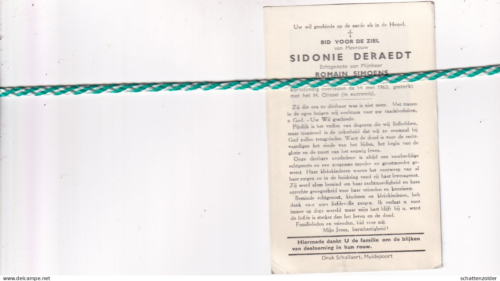 Sidonie Deraedt-Simoens, Gent 1894, 1963. - Esquela