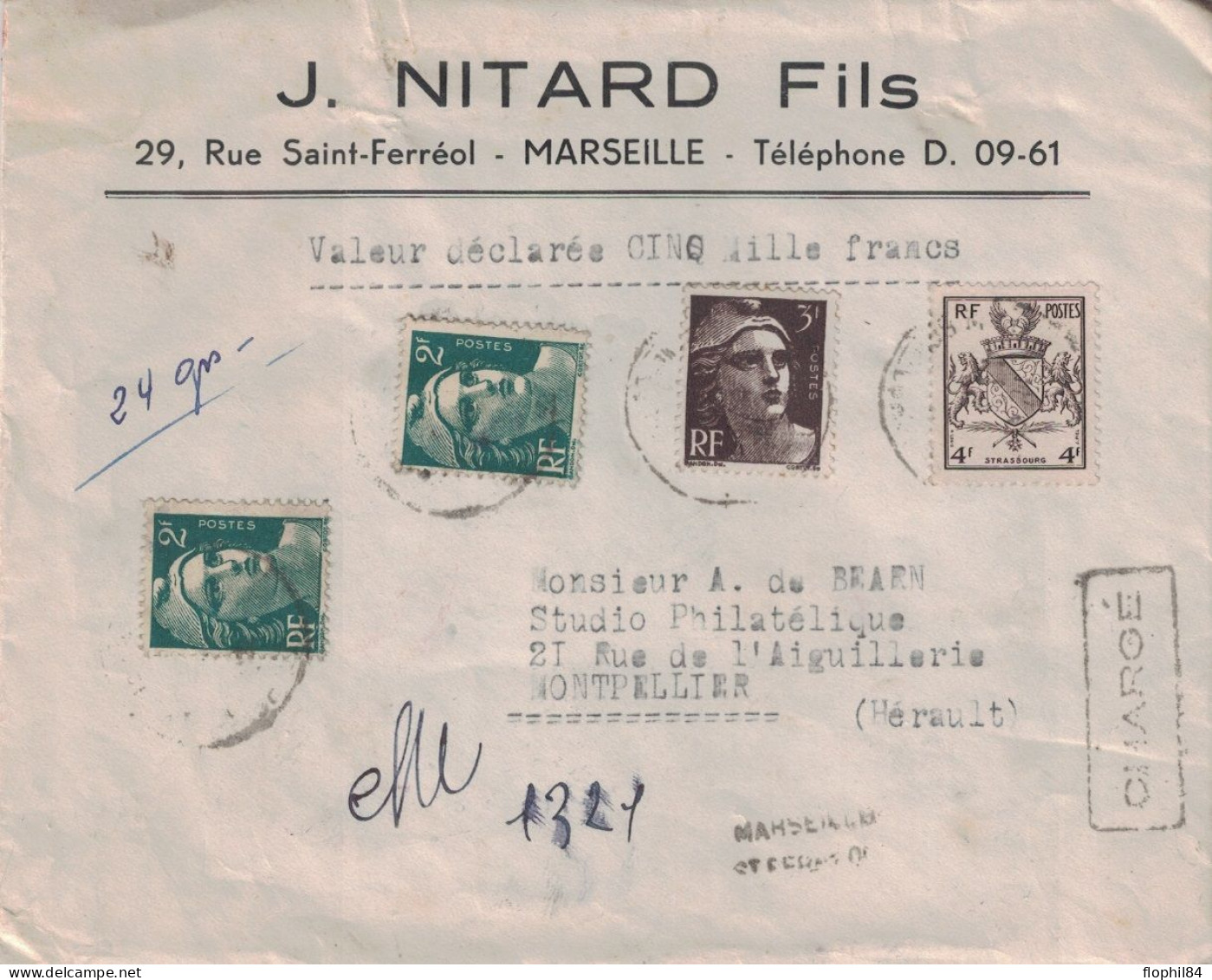 BOUCHES DU RHONE - LETTRE CHARGEE 5000F AVEC RECOMMANDEE PROVISOIRE DE MARSEILLE ST FERREOL  -  ENTETE J.NITARD. - Postal Rates