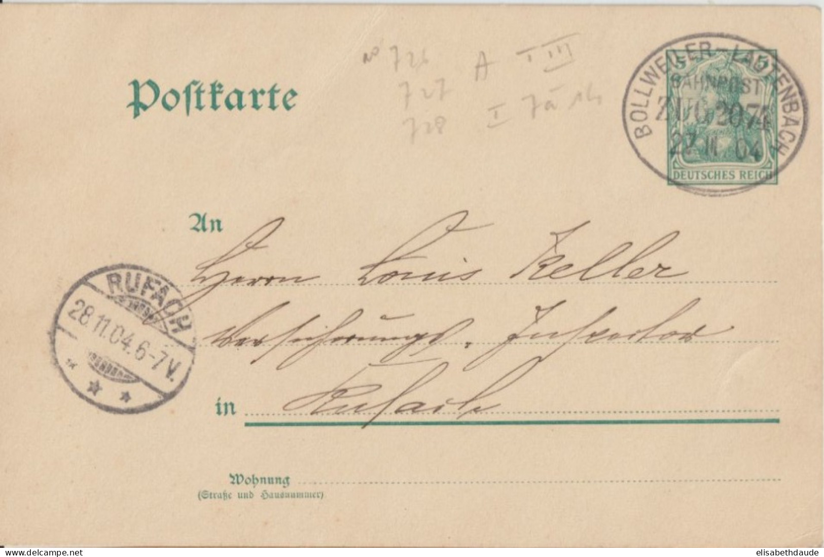 1904- ALSACE - CACHET CONVOYEUR BAHNPOST BOLLWEILER LAUTENBACH (IND 7) ZUG 2074 SUP ! - CP ENTIER De BÜHL => ROUFFACH - Covers & Documents