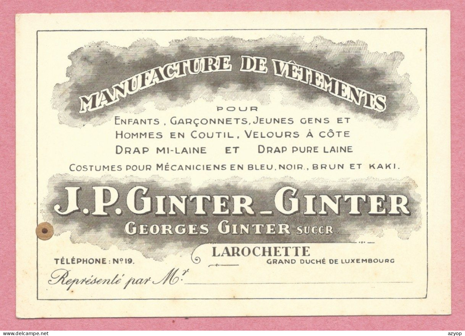 Luxembourg - LAROCHETTE - Carton Publicitaire Dos Blanc - 10 X 14,5 - Manufacture De Vêtements J. P. GINTER - Fels