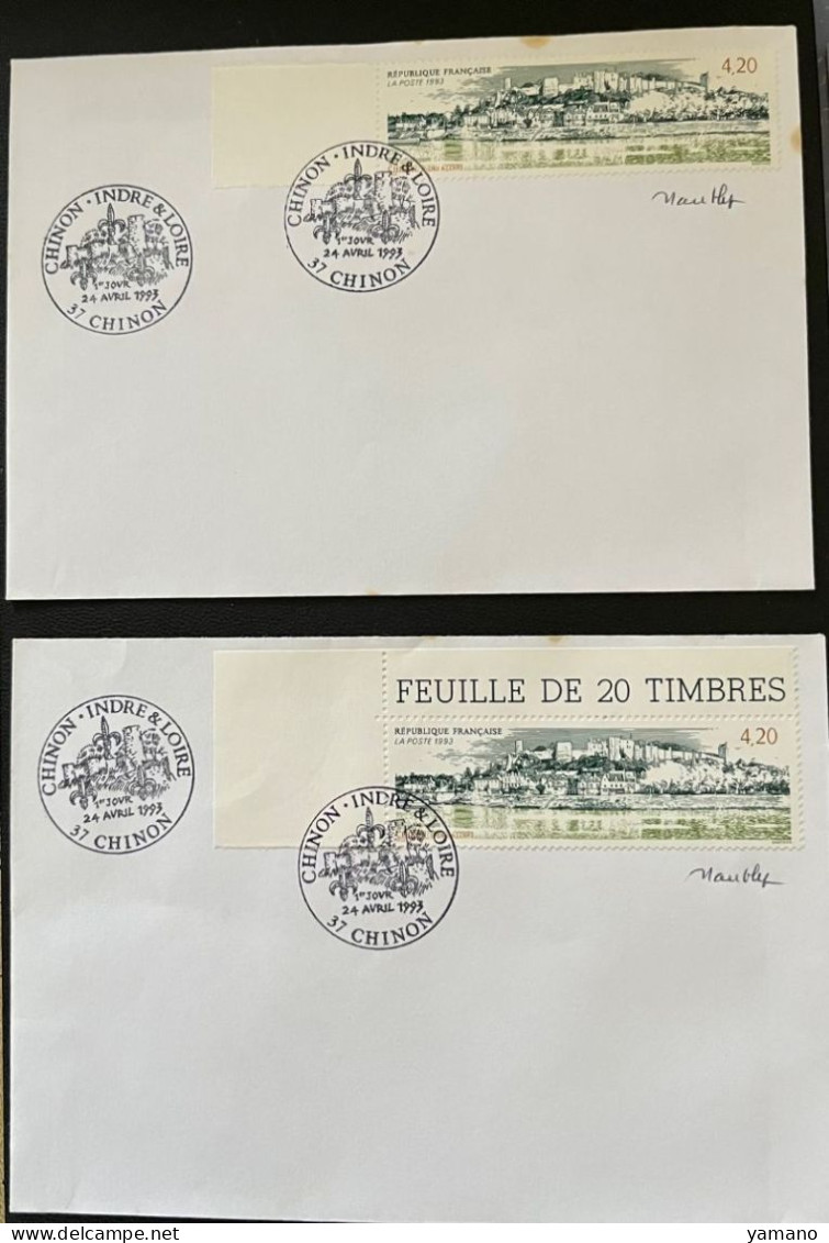 FRANCE 1993 -   2 Enveloppes Chinon 1er Jour Avec Signature De L'artiste - Oblitérations Mécaniques (flammes)