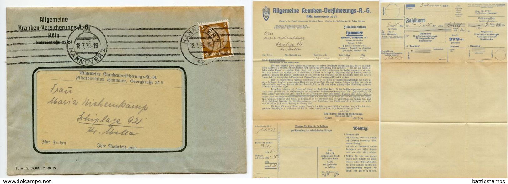 Germany 1939 Cover & Zahlkarte; Hannover - Allgemeine Kranken-Versicherungs To Schiplage; 3pf. Hindenburg - Briefe U. Dokumente