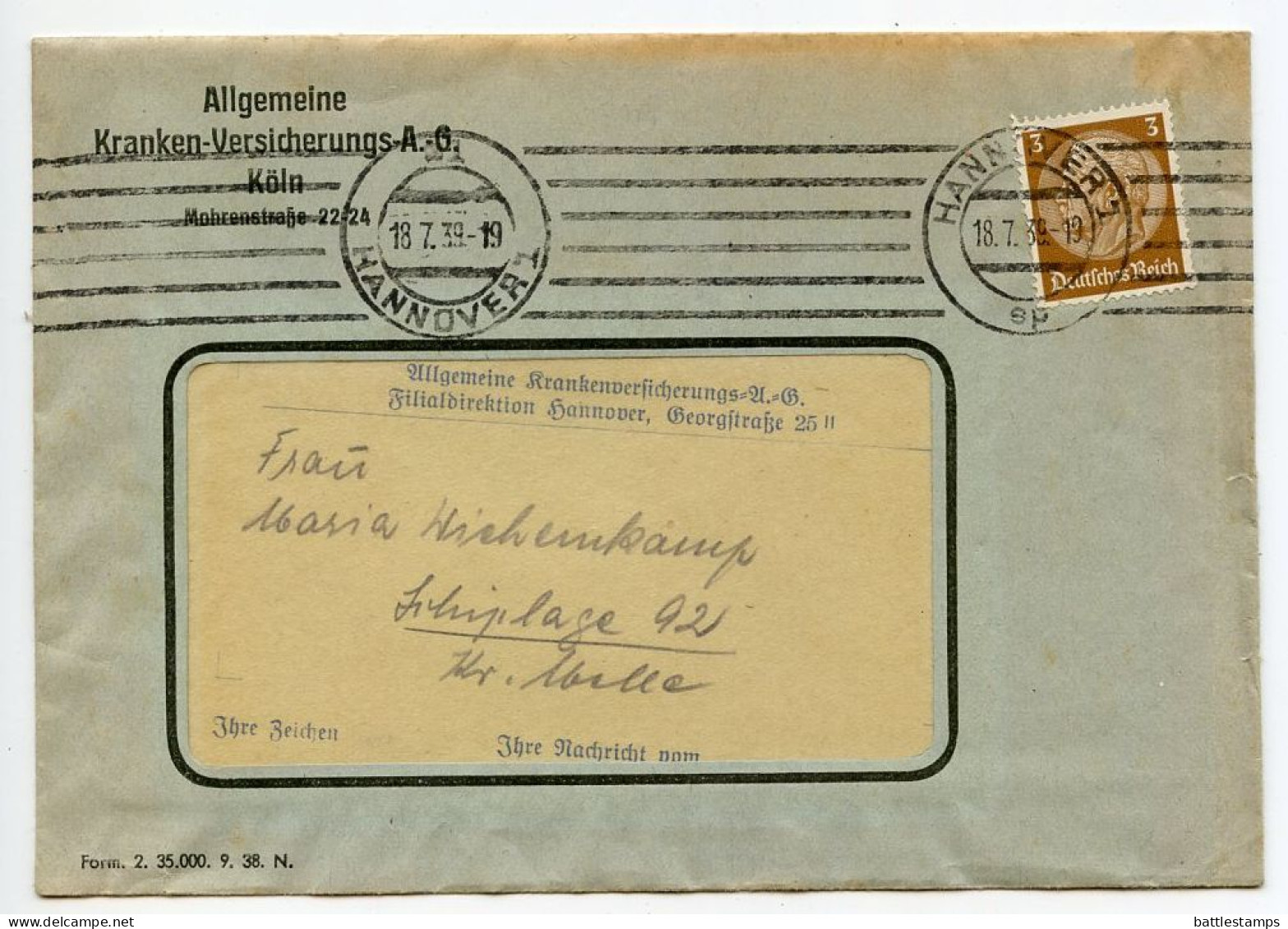 Germany 1939 Cover & Zahlkarte; Hannover - Allgemeine Kranken-Versicherungs To Schiplage; 3pf. Hindenburg - Storia Postale