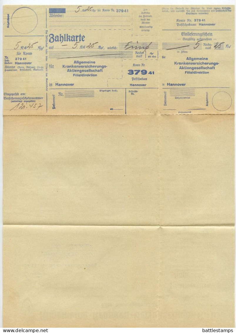 Germany 1939 Cover & Zahlkarte; Hannover - Allgemeine Kranken-Versicherungs To Schiplage; 3pf. Hindenburg - Briefe U. Dokumente