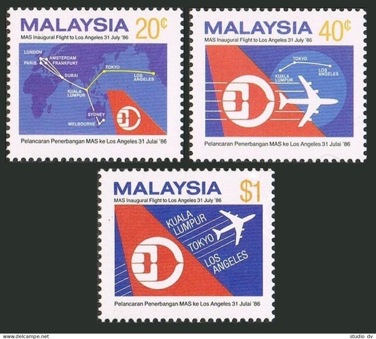 Malaysia 340-342,MNH.Michel 341-343. Kuala Lumpur-Los Angeles Inaugural Flight. - Malaysia (1964-...)