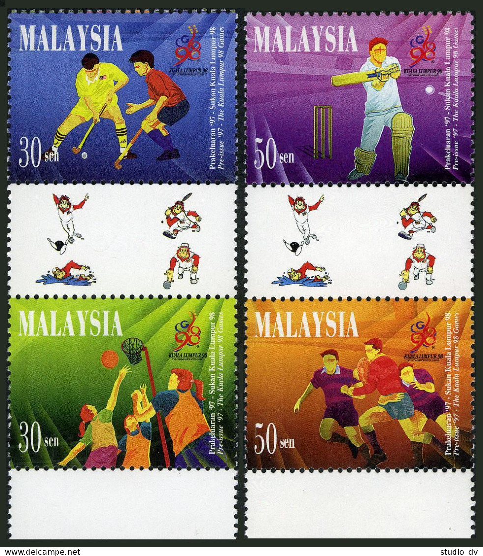 Malaysia 650-653a/label,MNH. Kuala Lumpur Games,1998.Field Hockey,Netball,Rugby, - Malasia (1964-...)