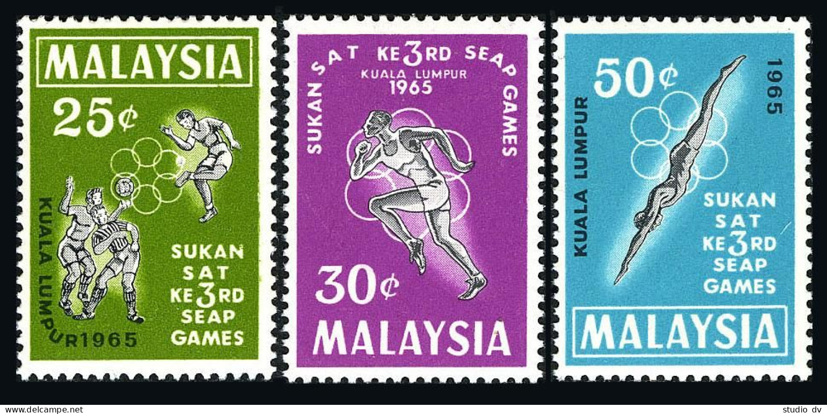 Malaysia 28-30, MNH. Mi 27-29. South East Asia Peninsular Games, 1965. Soccer, - Malasia (1964-...)