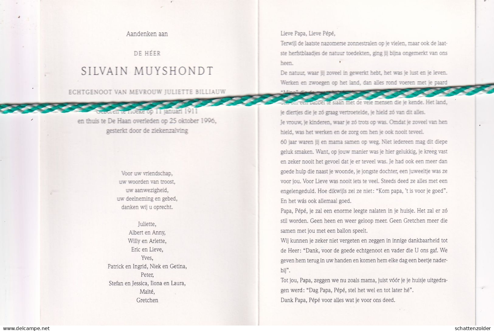 Silvain Muyshondt-Billiauw, Hoeke 1911, De Haan 1996. Foto - Overlijden
