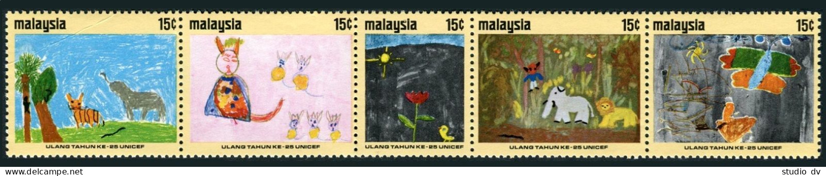 Malaysia 87-91a Strip, MNH-folded. Mi 86-90. Children's Drawings, 1971. Nature. - Malasia (1964-...)