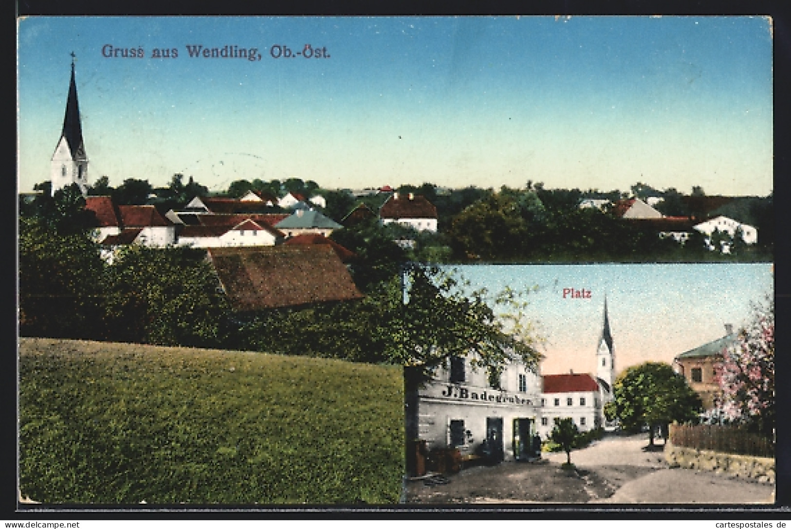 AK Wendling /Ob.-Öst., Platz Mit Geschäftshaus Badegruber Und Kirche, Ortsansicht Aus Der Vogelschau  - Other & Unclassified