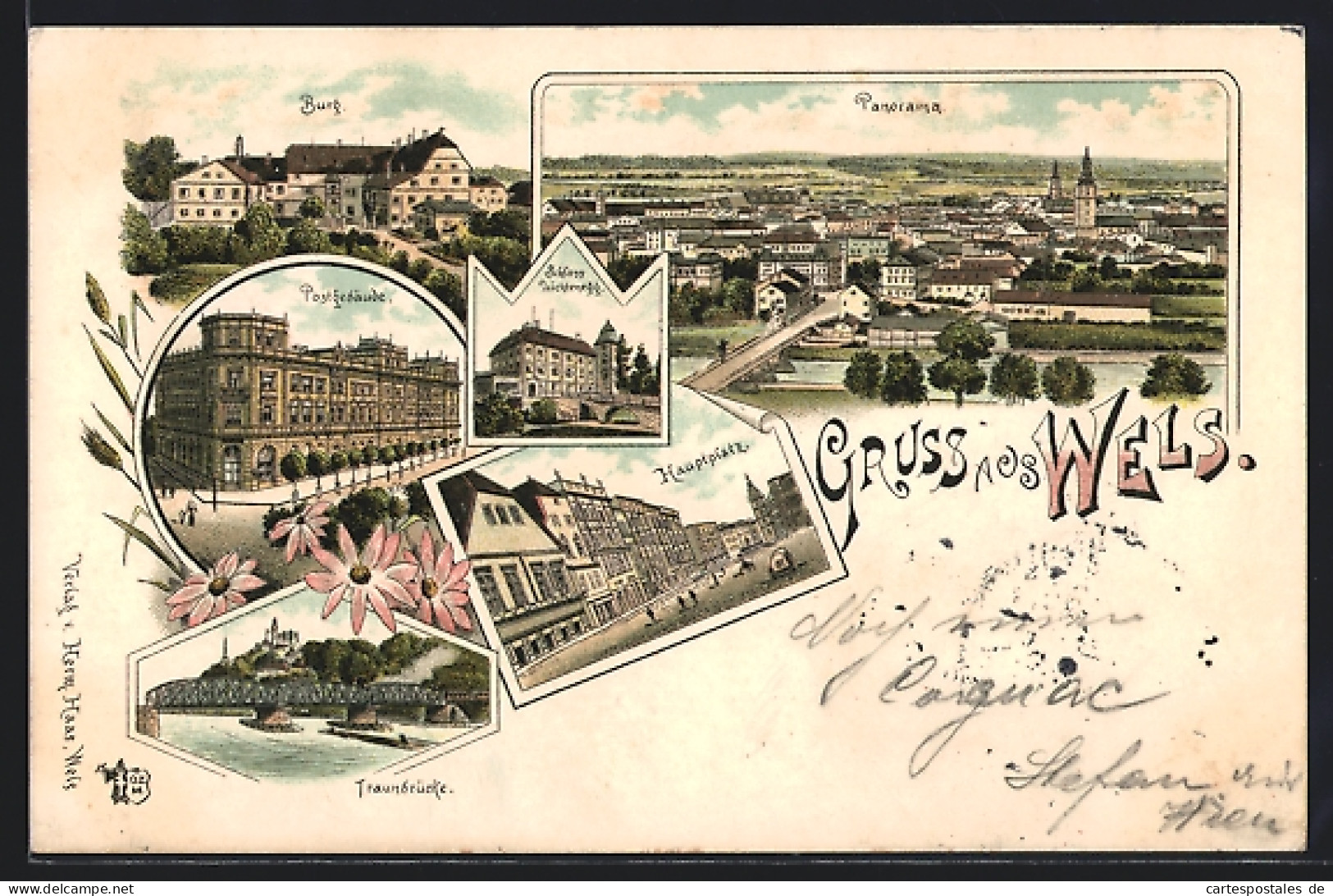 Lithographie Wels, Hauptplatz, Burg, Traunbrücke, Panorama  - Other & Unclassified
