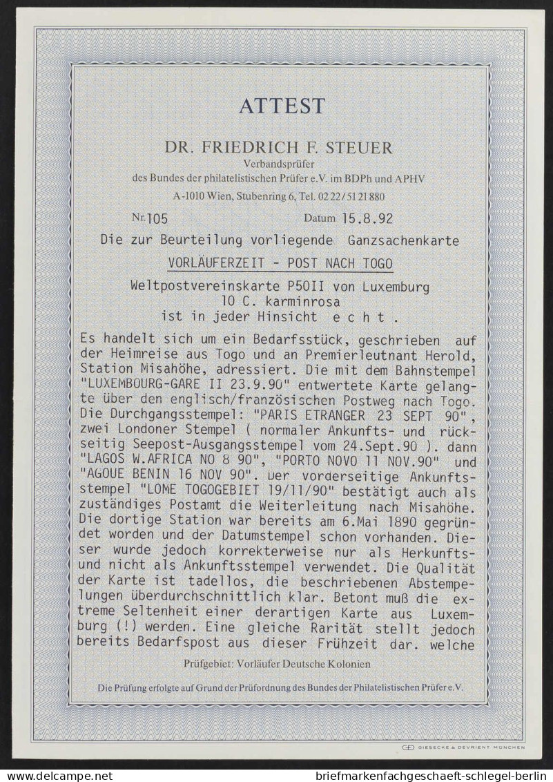 Deutsche Kolonien Togo, Vorläufer, 1890, P 50 Luxemb., Brief - Togo (1960-...)