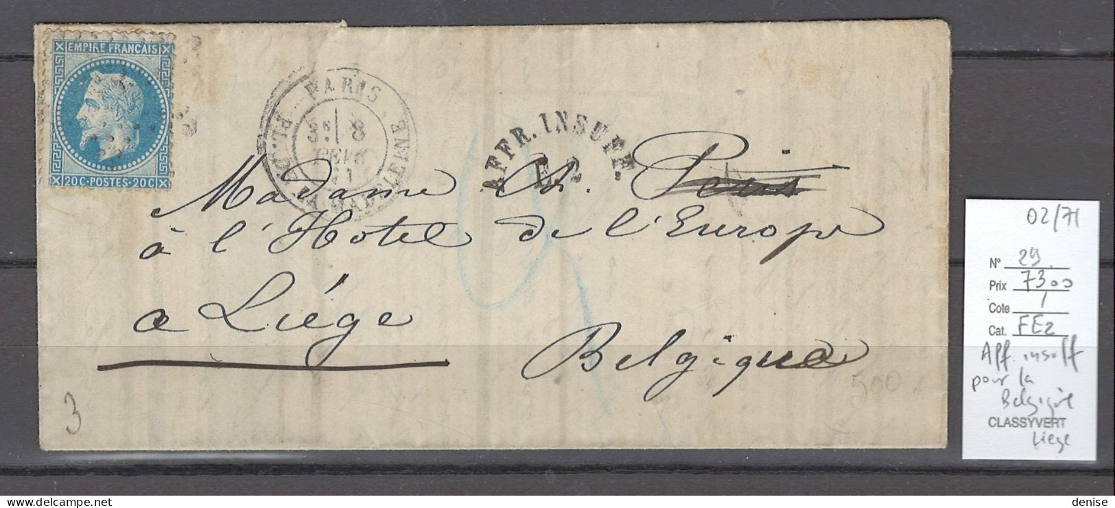 France - Lettre Paris Pour Liège - Belgique - Affranchissement Insuffisant - 02/1871 - 1849-1876: Période Classique