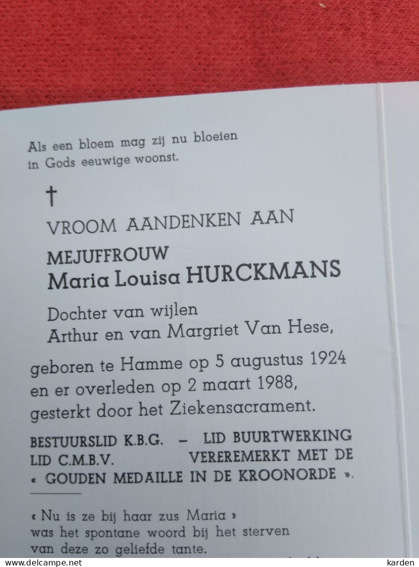 Doodsprentje Maria Louisa Hurckmans / Hamme 5/8/1924 - 2/3/1988 ( D.v. Arthur Hurckmans En Margriet Van Hese ) - Godsdienst & Esoterisme