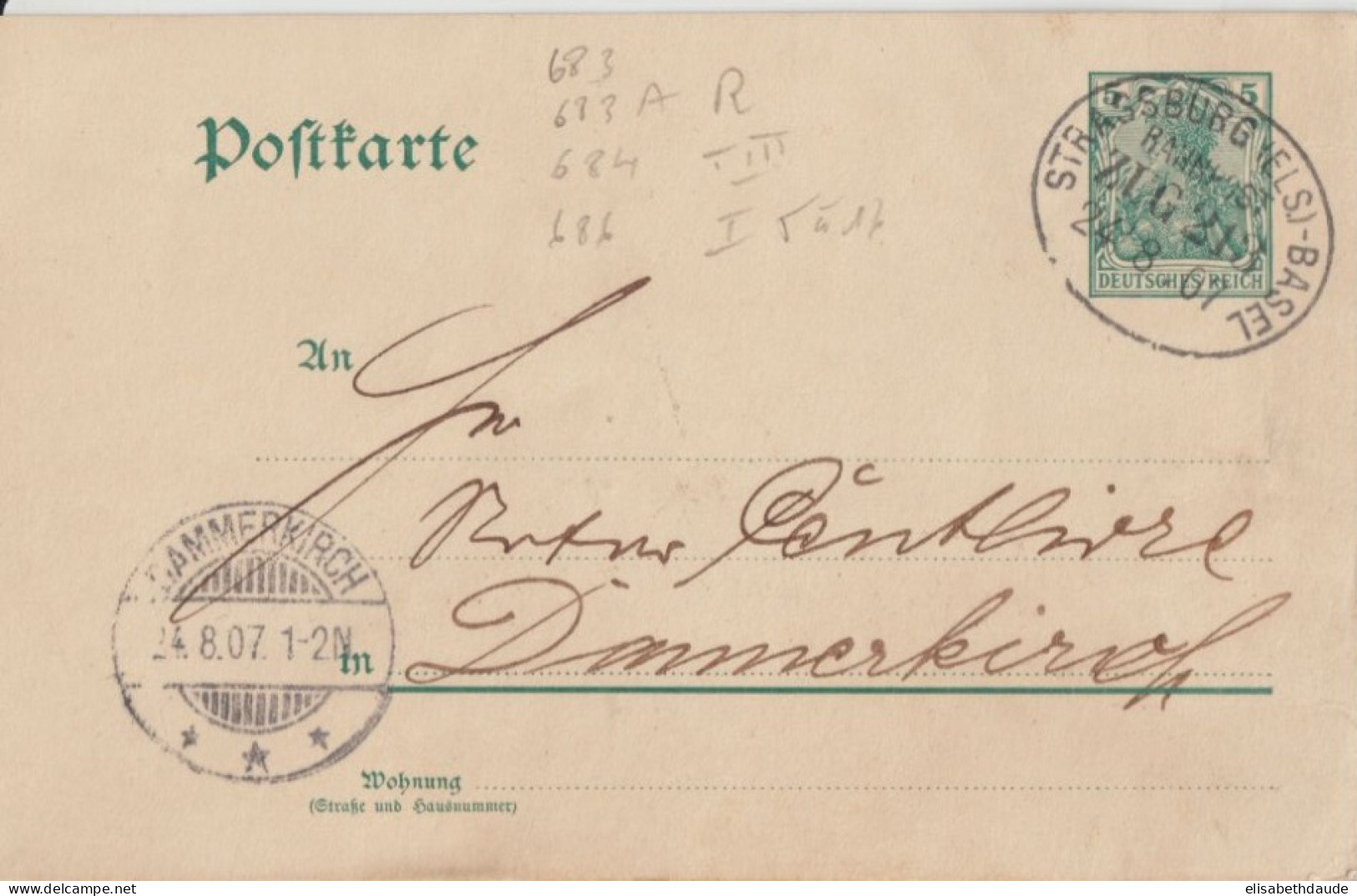 1907 - ALSACE - CACHET CONVOYEUR BAHNPOST STRASSBURG BASEL (IND 7) ZUG 213 SUP ! - CP ENTIER => DAMMERKIRCH (DANNEMARIE) - Storia Postale