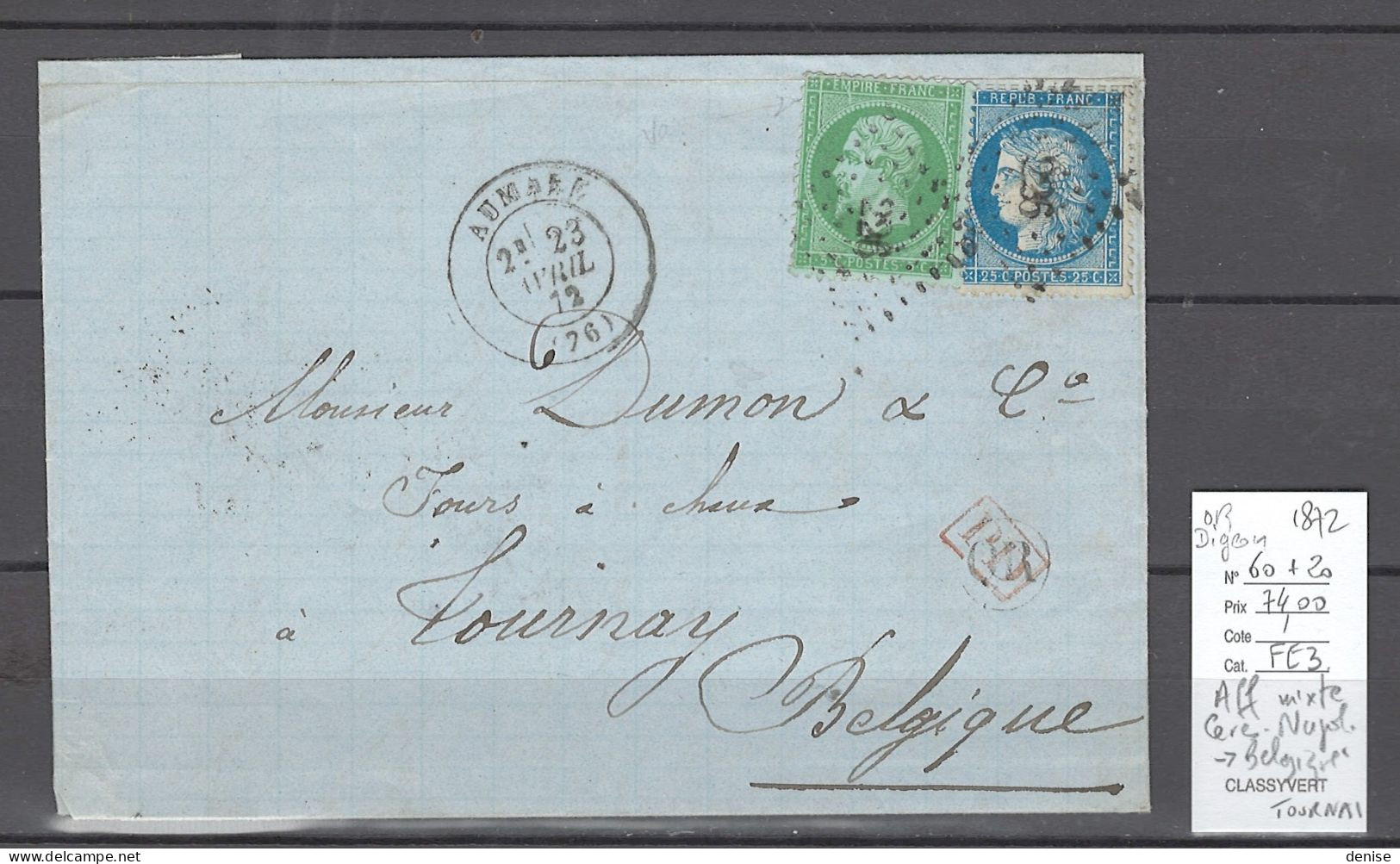 France - Lettre Aumale - OR De Digeon - Somme - Affranchissement Mixte Ceres - Napoléon - 1872 - 1849-1876: Période Classique