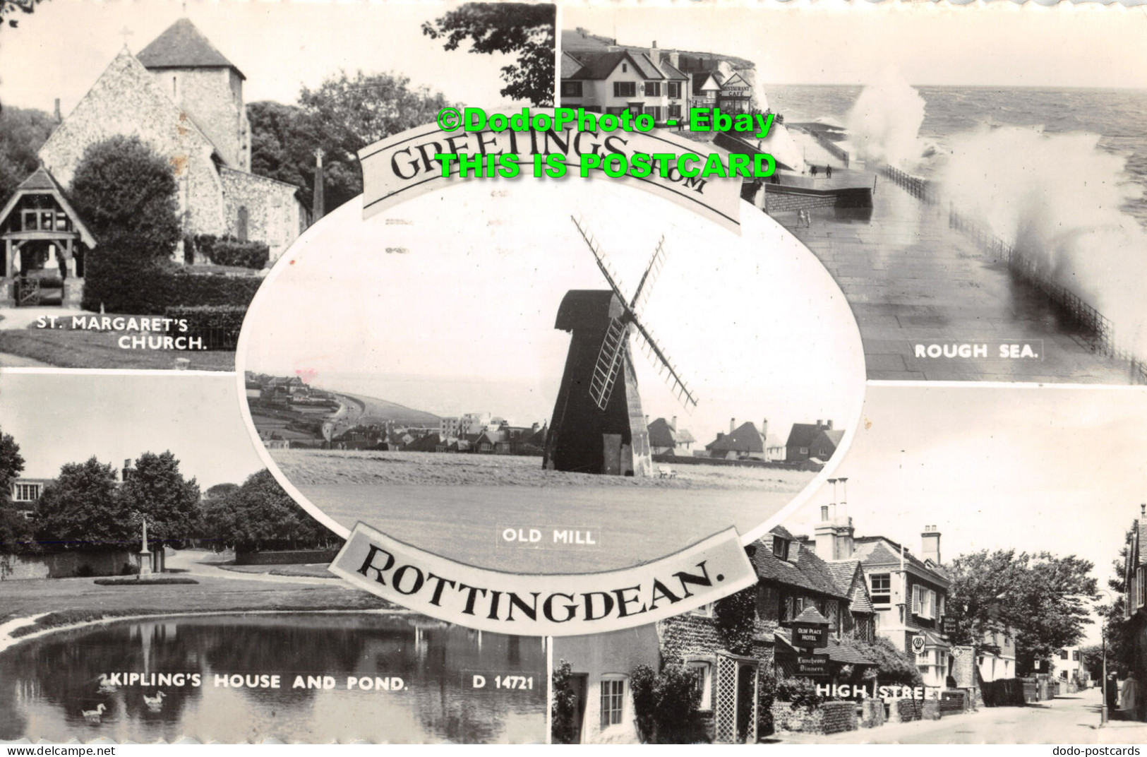 R358406 Greetings From Rottingdean. Old Mill. Rough Sea. St. Margaret Church. Sh - World