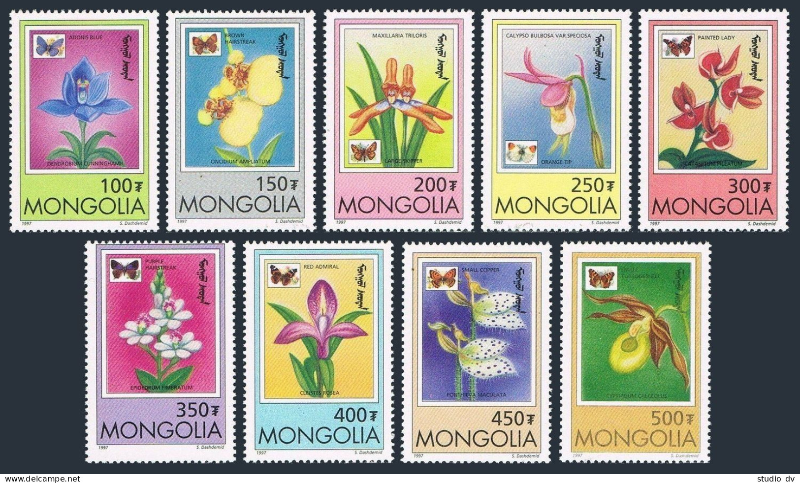 Mongolia 2269-2277, MNH. Butterflies, Orchids 1997. Adonis Blue, Orange Tip, - Mongolië