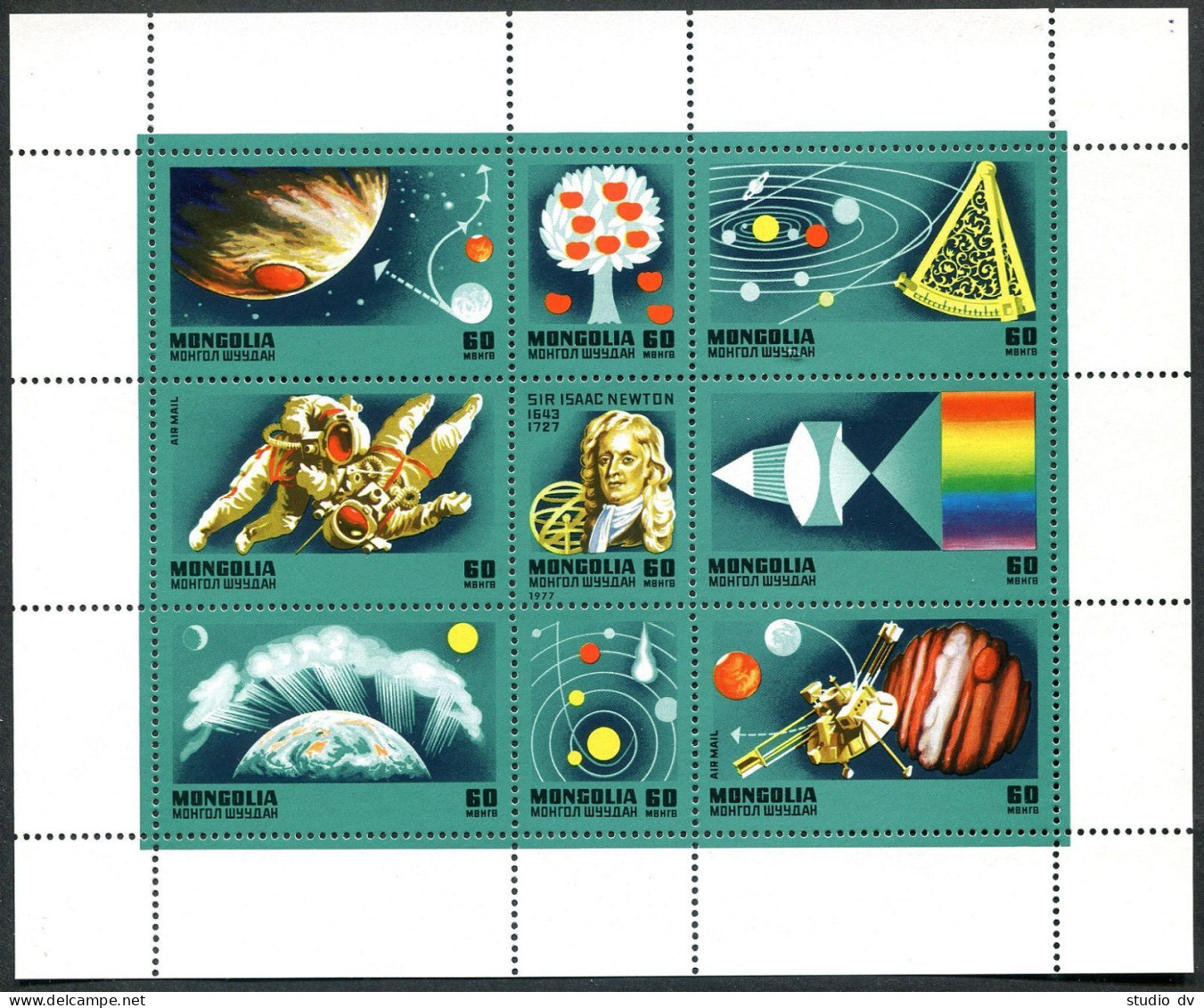 Mongolia 951 Ai Sheet, MNH. Mi 1048-1052. Sir Isaac Newton, 1977. Satellites. - Mongolia